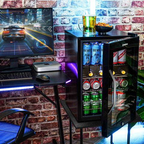 Black glass-door subcold ace65 beer fridge with led touch control and illuminated shelves full of beer cans