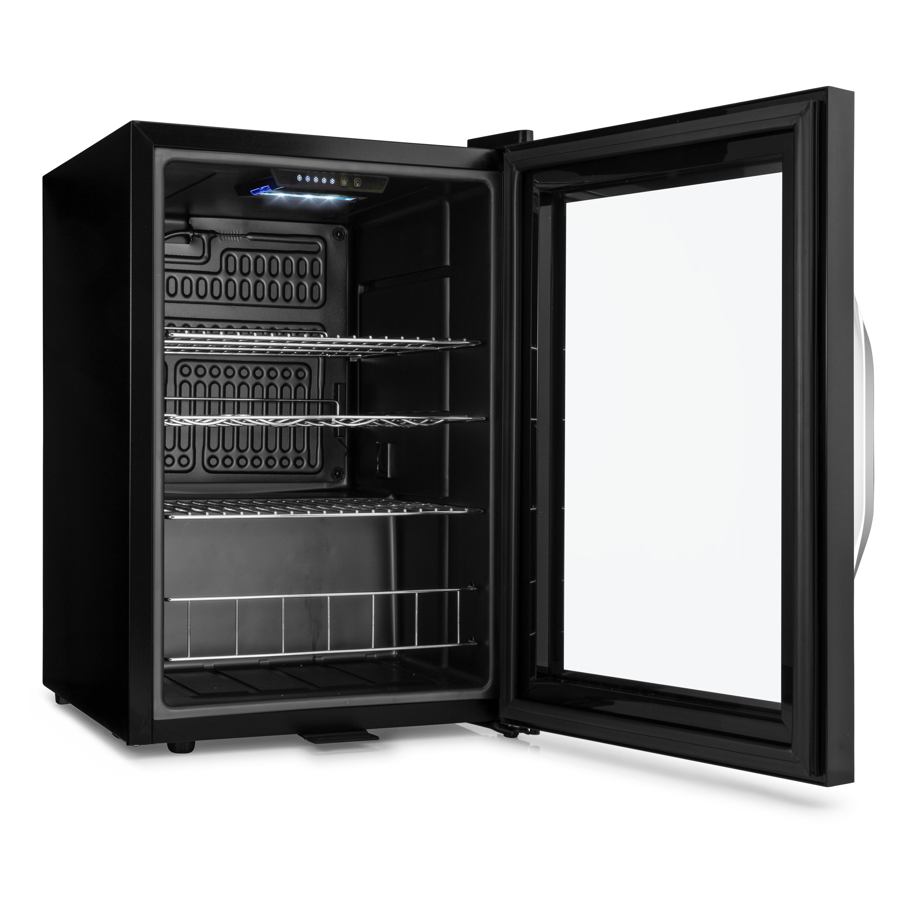 Black glass-door subcold ace65 beer fridge with three metal shelves and digital display for easy touch control