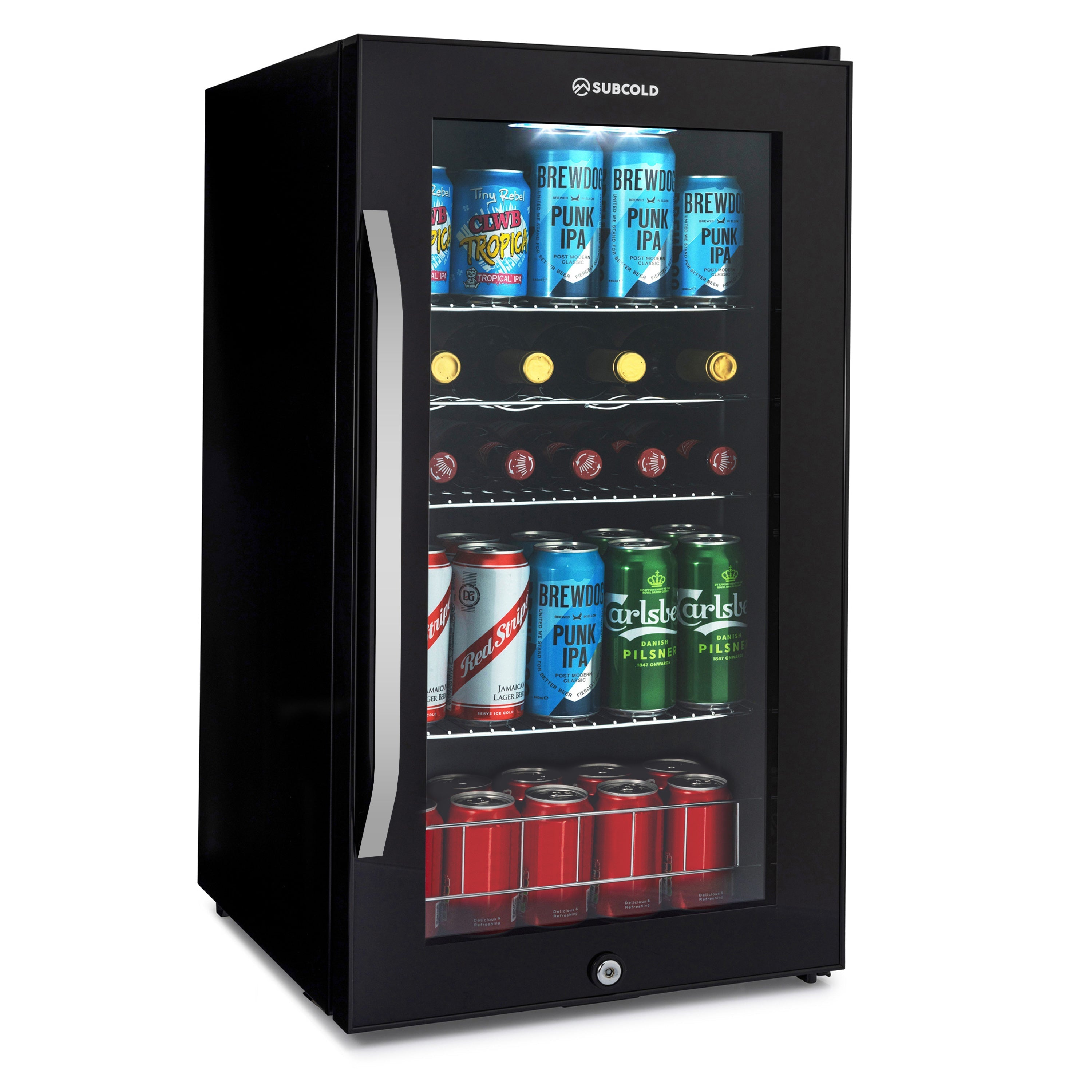 Black subcold ace90 beer fridge with glass door silver handle and shelves stocked with various beer cans