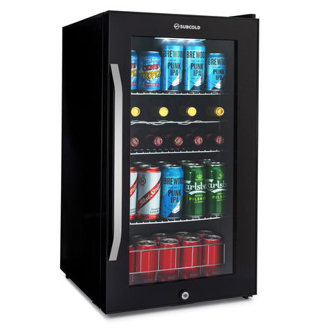Black subcold ace90 beer fridge with glass door silver handle and shelves stocked with various beer cans
