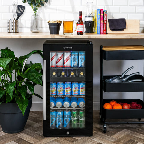 Black glass-door beer fridge with silver handle and subcold ace90 logo for the ace90 beer fridge model