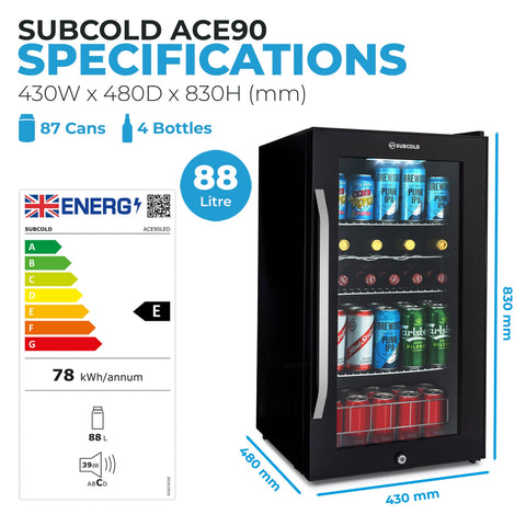 Black glass-door subcold ace90 beer fridge with silver handle and interior shelves holding assorted cans and bottles