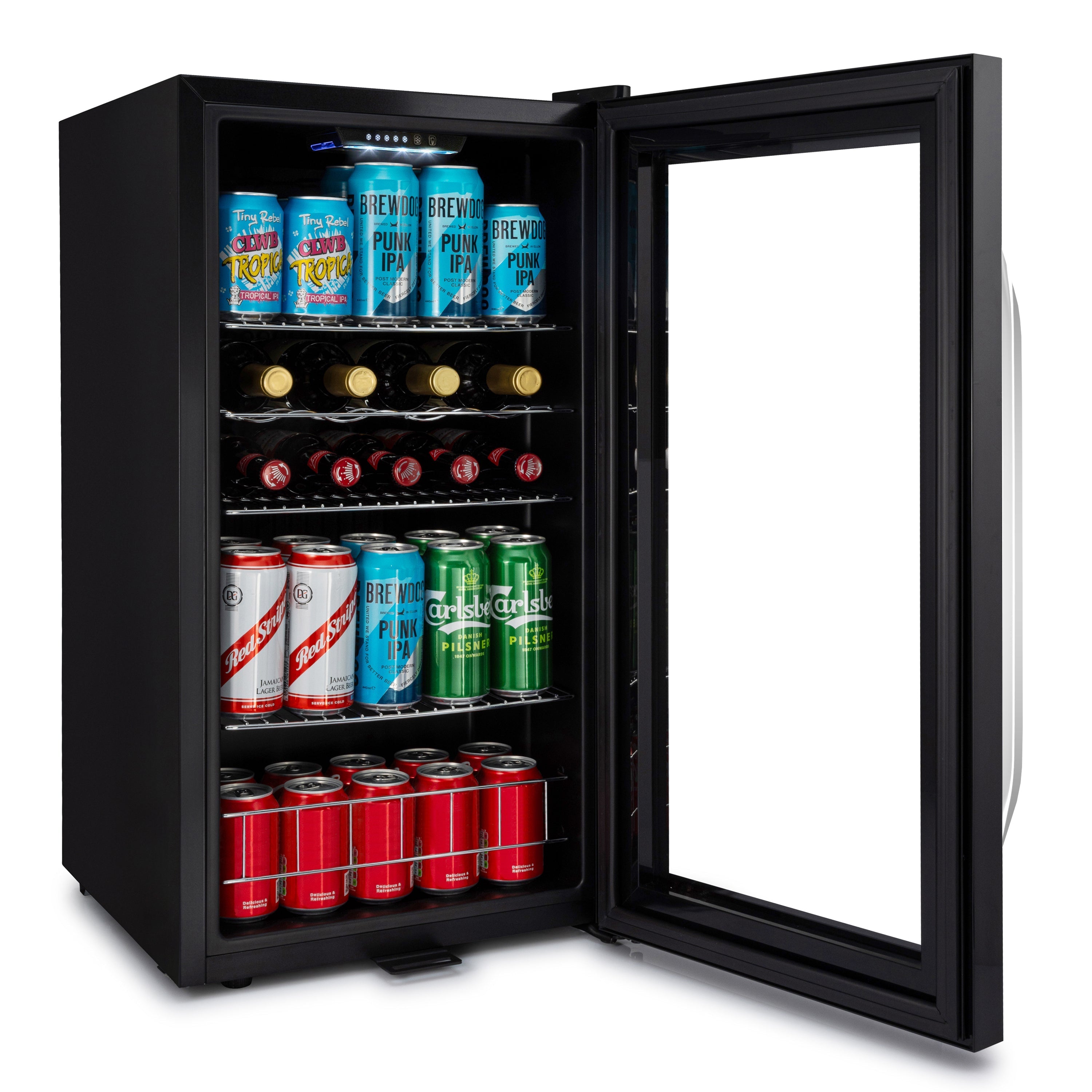 Black glass-door subcold ace90 beer fridge with led touch control and shelves holding assorted beer cans and bottles