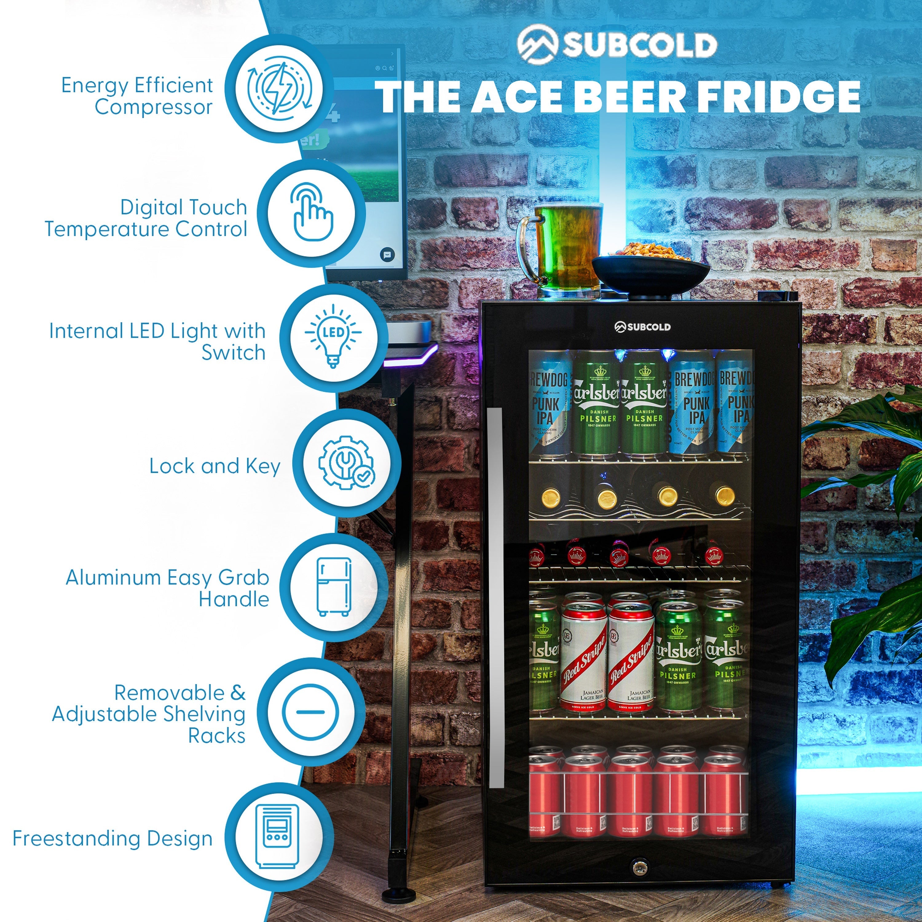 Black glass-door subcold ace90 beer fridge with digital touch temperature control and aluminum handle