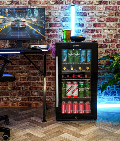 Black glass-door subcold ace90 beer fridge with led touch control and illuminated interior holding beer cans