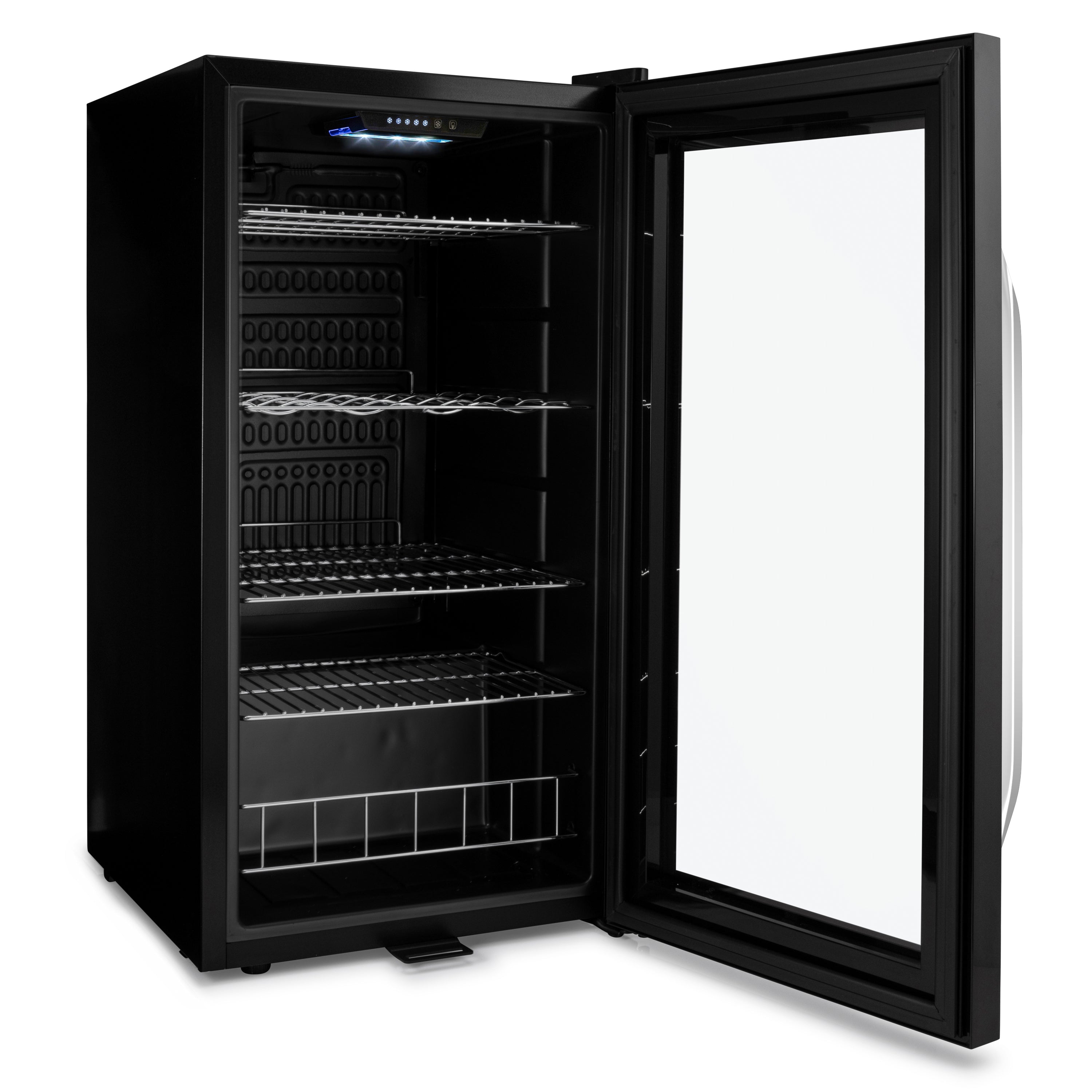 Black glass-door subcold ace90 beer fridge with adjustable metal shelves and sleek modern design for beer storage