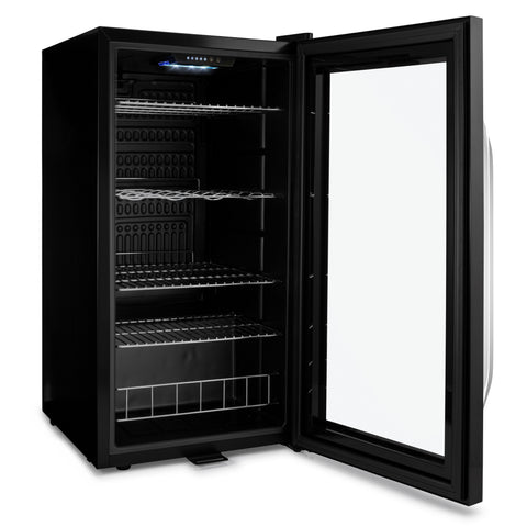 Black glass-door subcold ace90 beer fridge with adjustable metal shelves and sleek modern design for beer storage