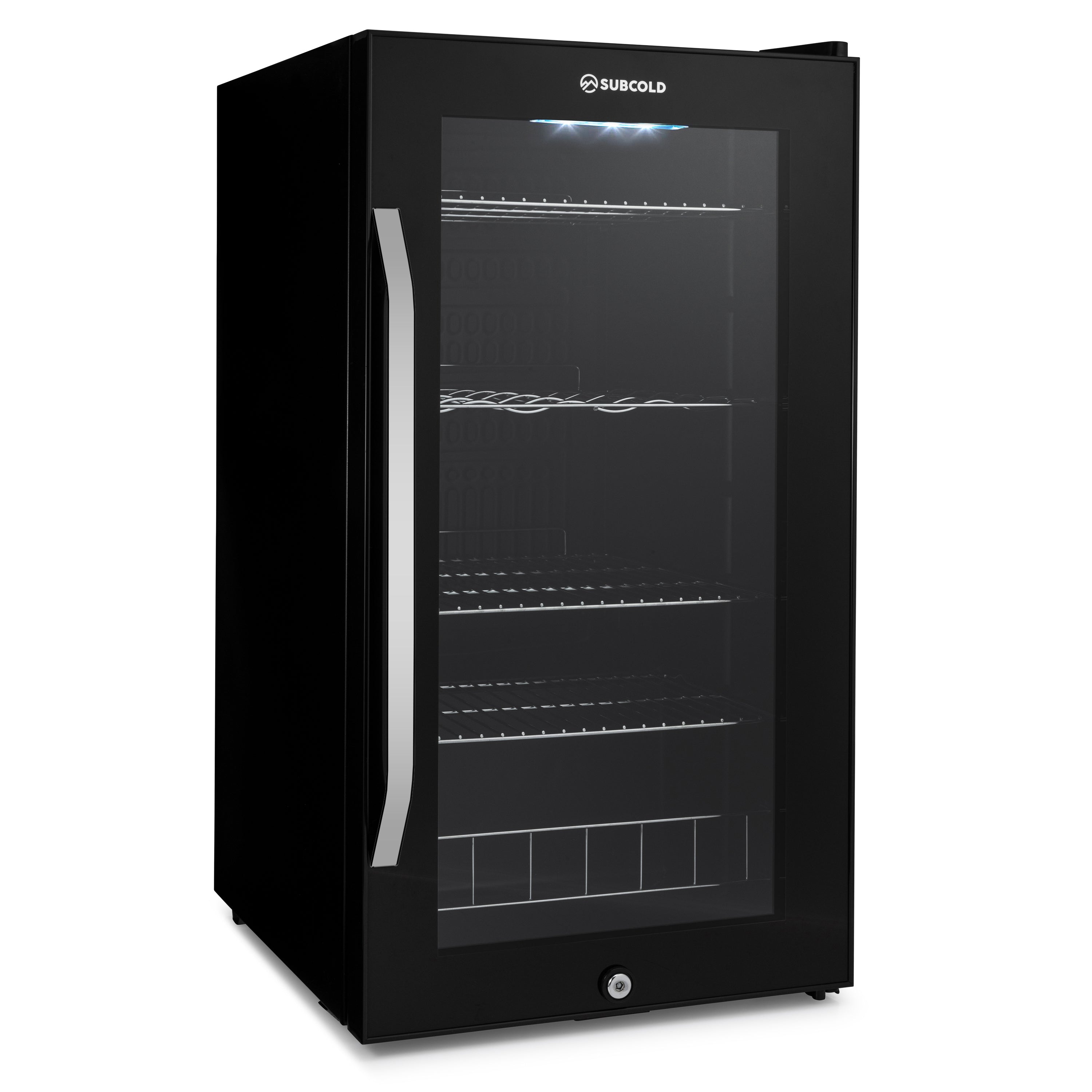 Black subcold ace90 beer fridge with glass door silver handle and wire shelves for easy drink storage