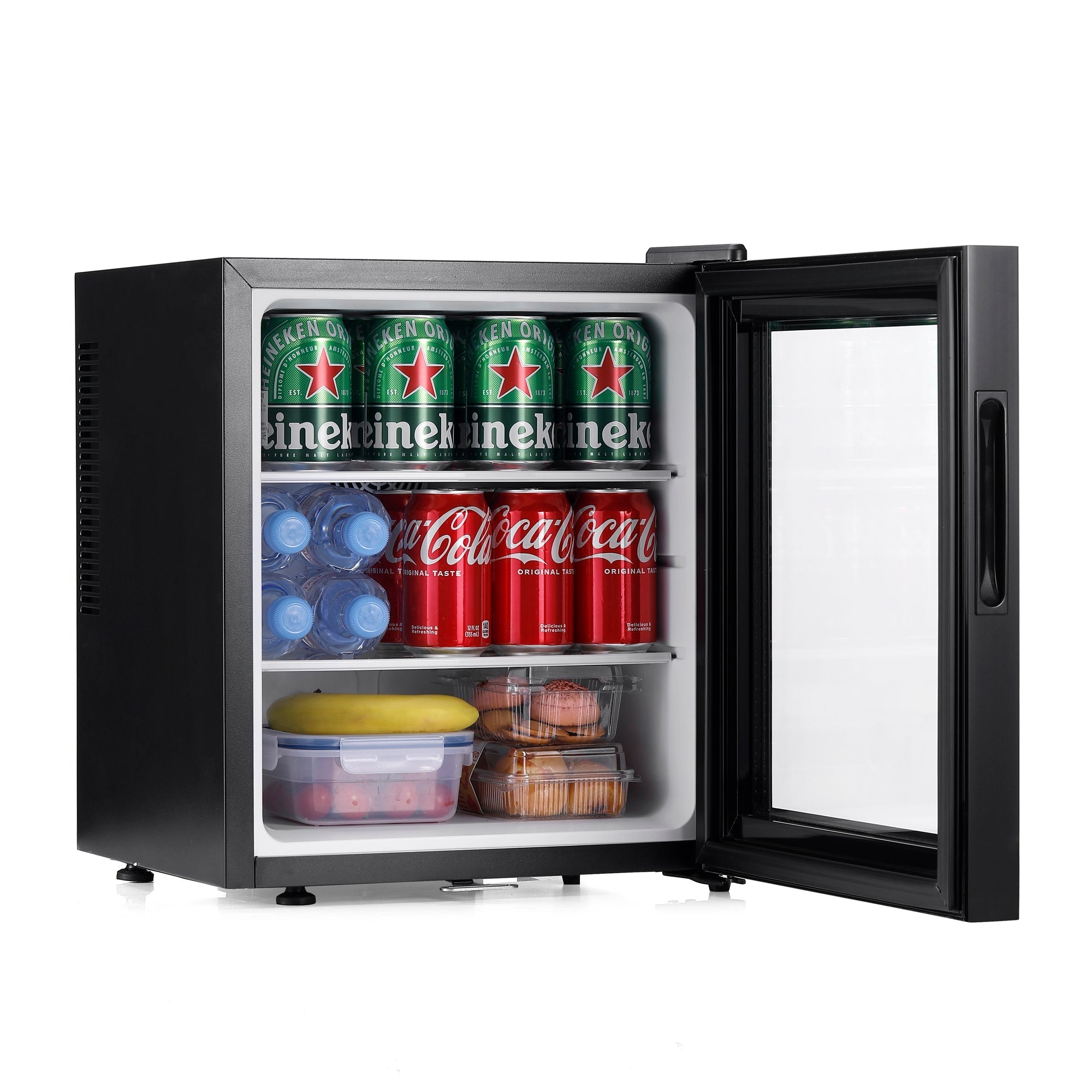 Black glass-door mini fridge with silver trim and stocked shelves in the subcold aire30-g LED mini fridge