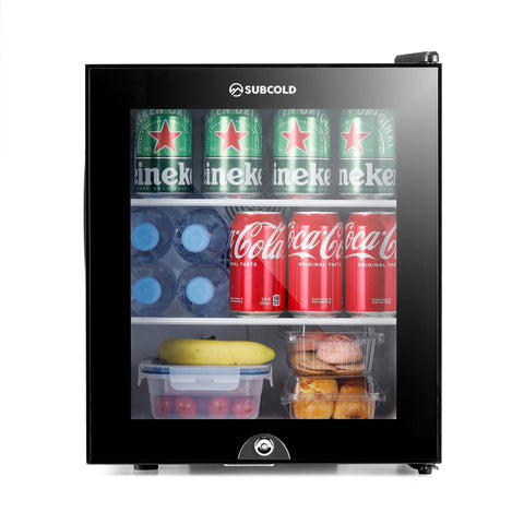 Black glass-door mini fridge with sleek modern design and subcold logo perfect for compact cooling aire30-g model