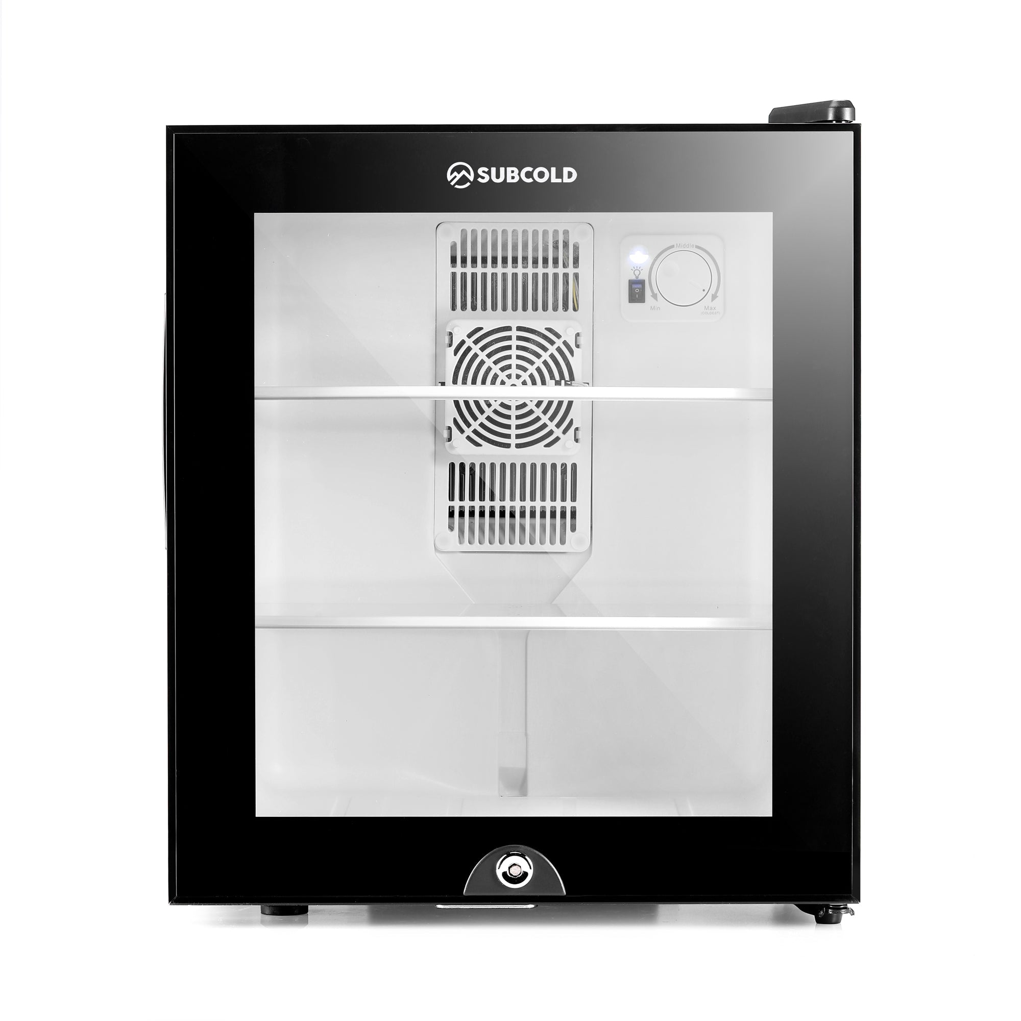 Black glass-door mini fridge with white interior and subcold logo on top featured in subcold aire30-g mini fridge