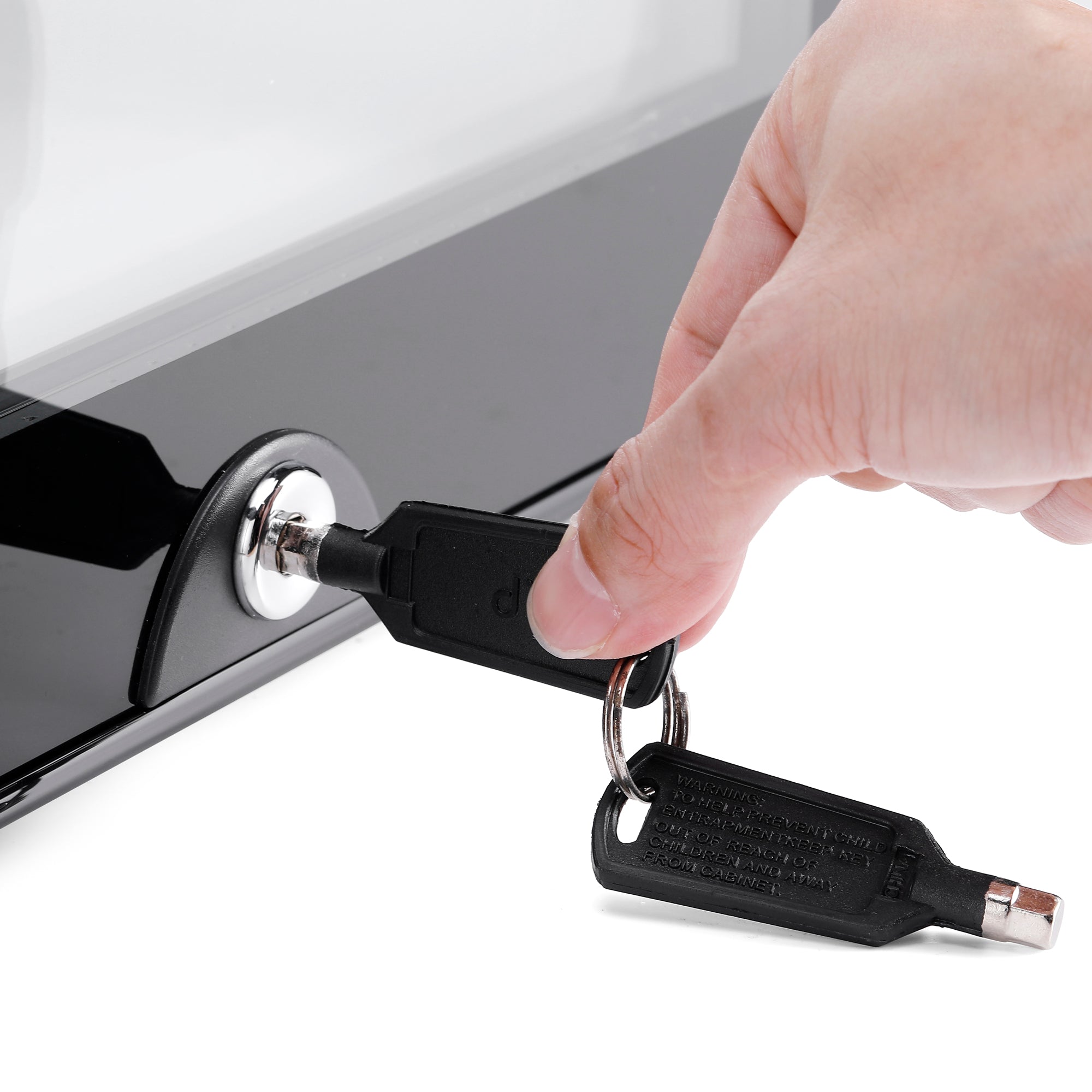 Black plastic vehicle ignition key with silver metal tip and ring for subcold aire30-g mini fridge use
