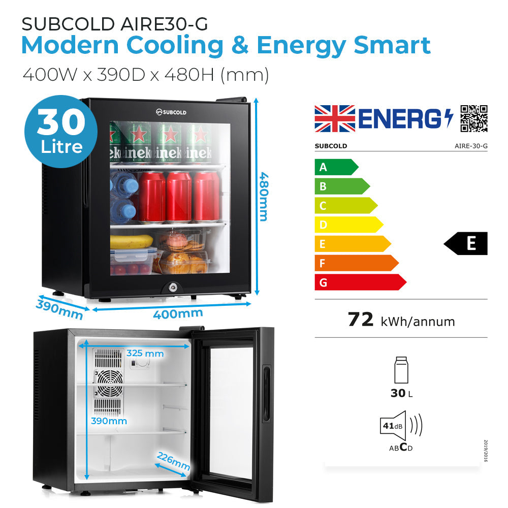 Black subcold aire30-g mini fridge with glass door and shelves perfect for compact cooling needs