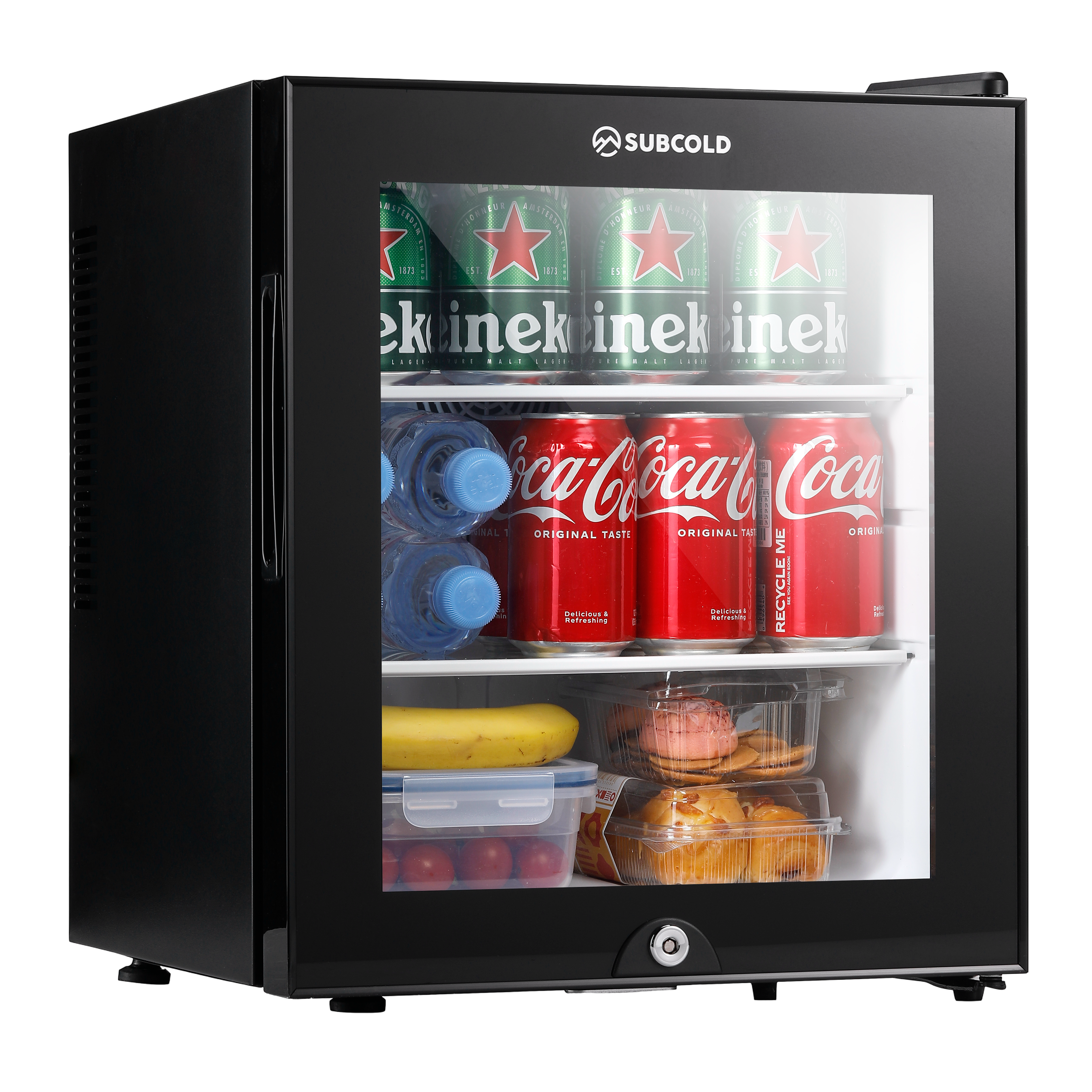 Black subcold aire30-g mini fridge with glass door showing beverages and snacks inside compact and stylish mini fridge
