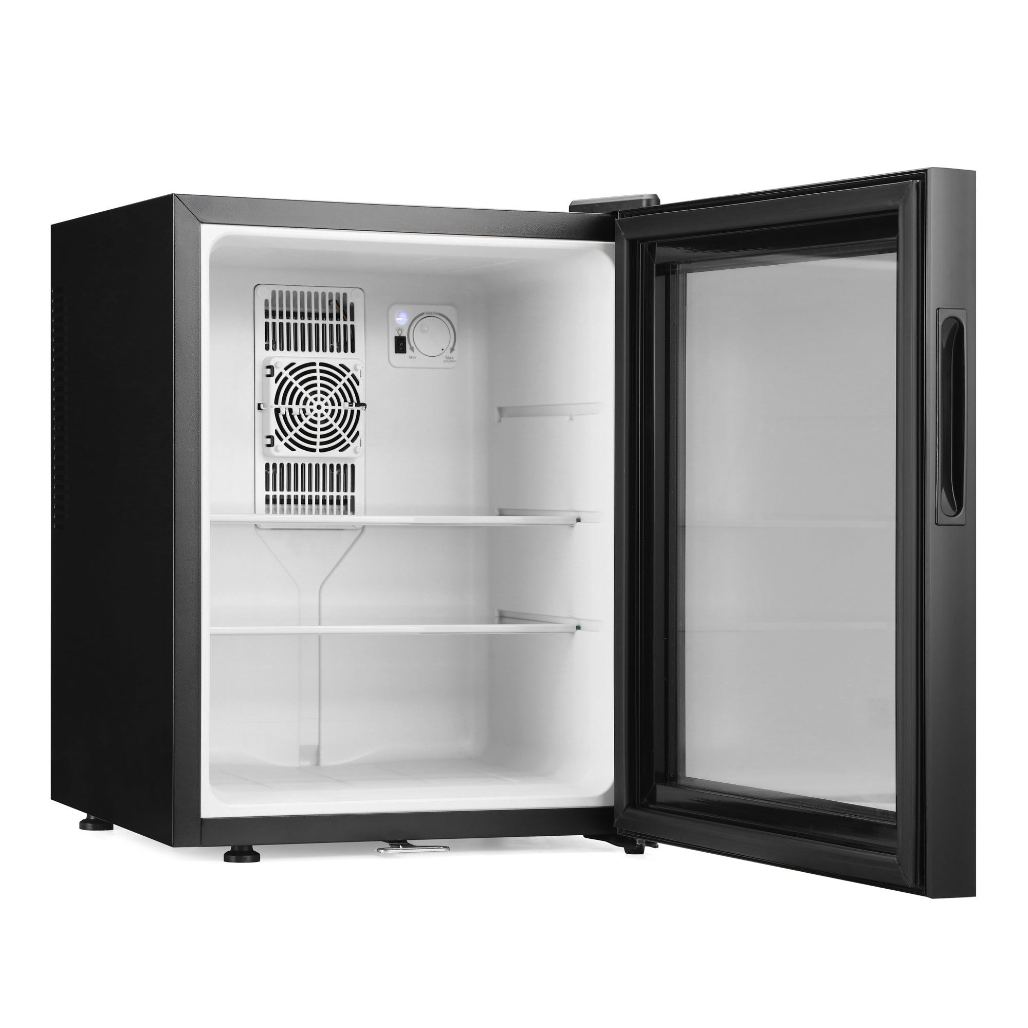 Black-framed subcold aire40-g mini fridge with glass door and white interior shelves for easy storage