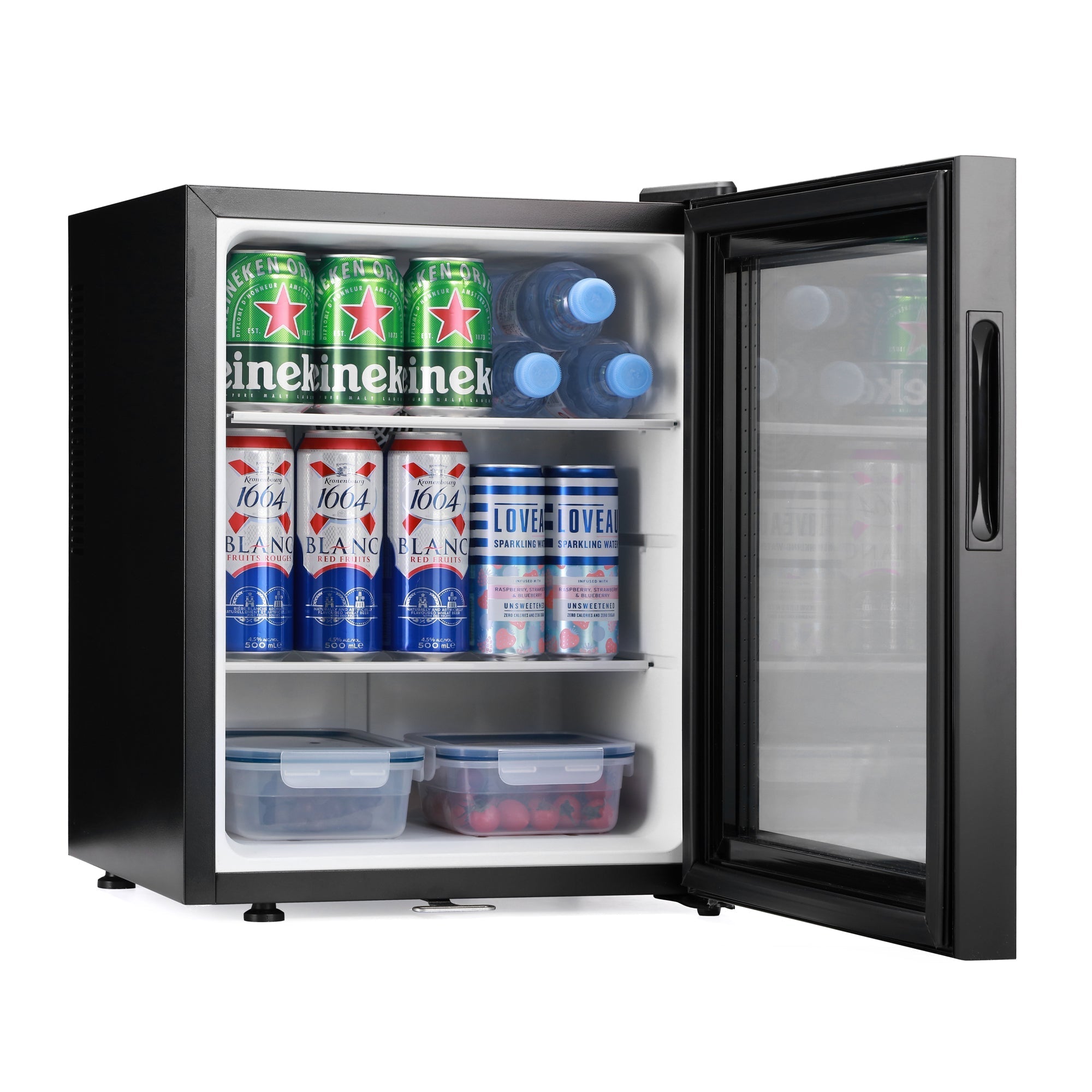 Black subcold aire40-g mini fridge with glass door, stainless steel accents, and shelving holding drinks and containers