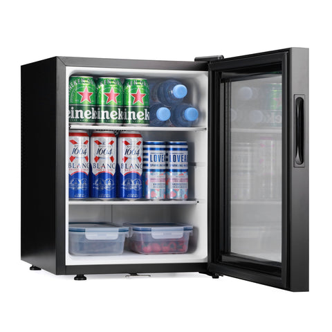 Black subcold aire40-g mini fridge with glass door, stainless steel accents, and shelving holding drinks and containers