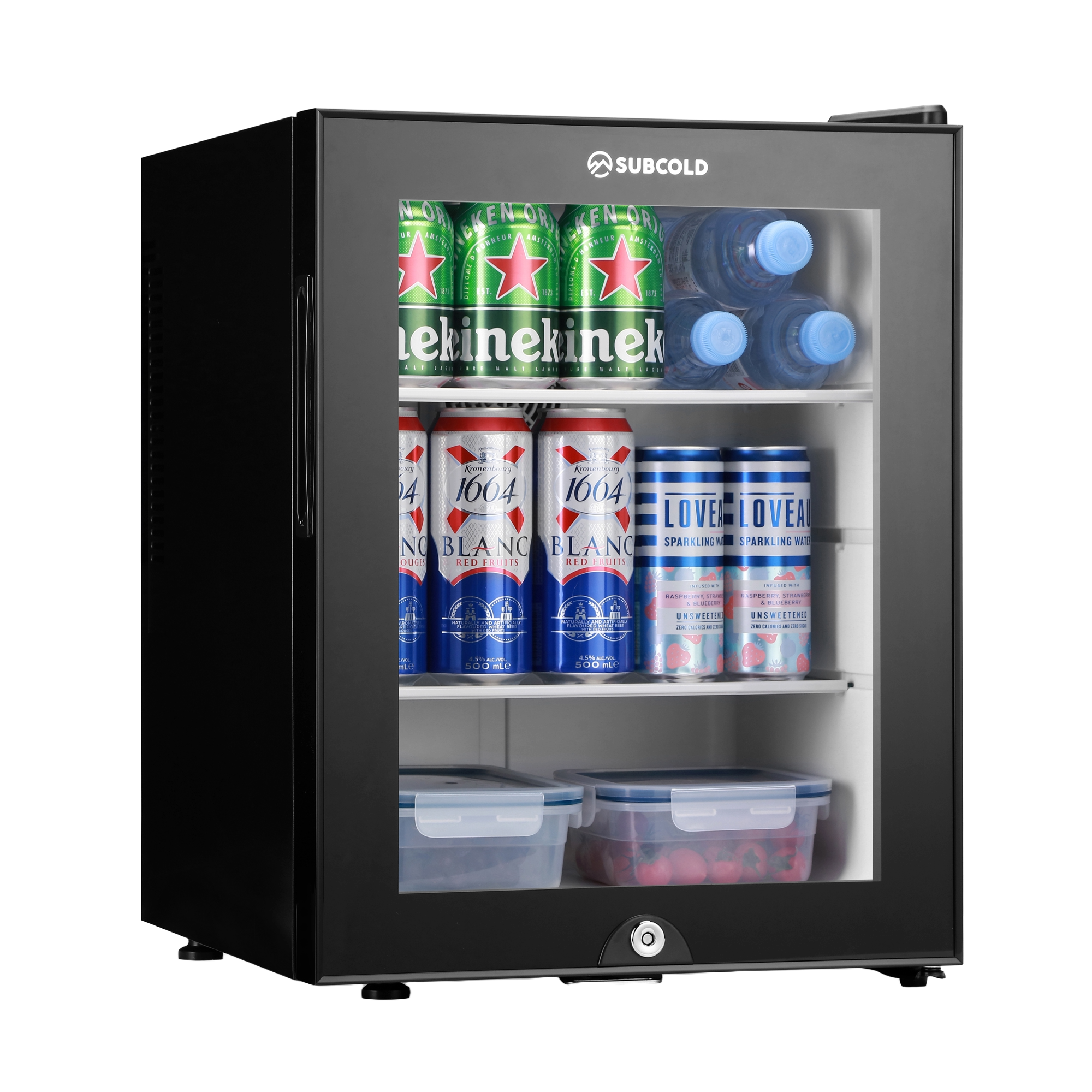 Black subcold aire40-g mini fridge with glass door silver trim and bottom lock compact and stylish for any space
