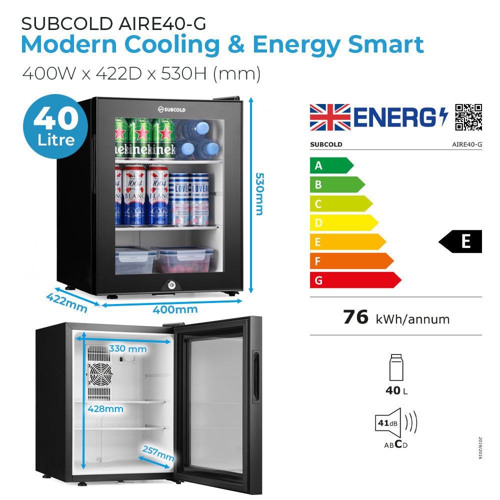 Black subcold aire40-g mini fridge with 40 litre capacity glass door and silver handle perfect for small spaces