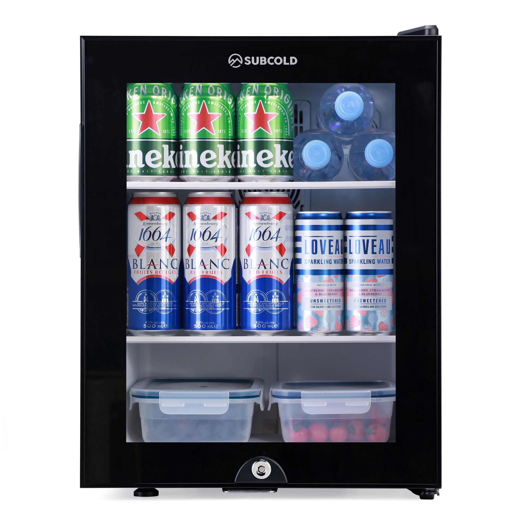 Black subcold aire40-g mini fridge with glass door and shelves holding assorted beverages inside