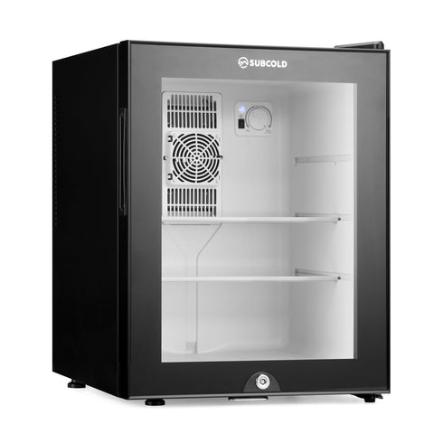 Black subcold aire40-g mini fridge with glass door white shelves and visible cooling components inside