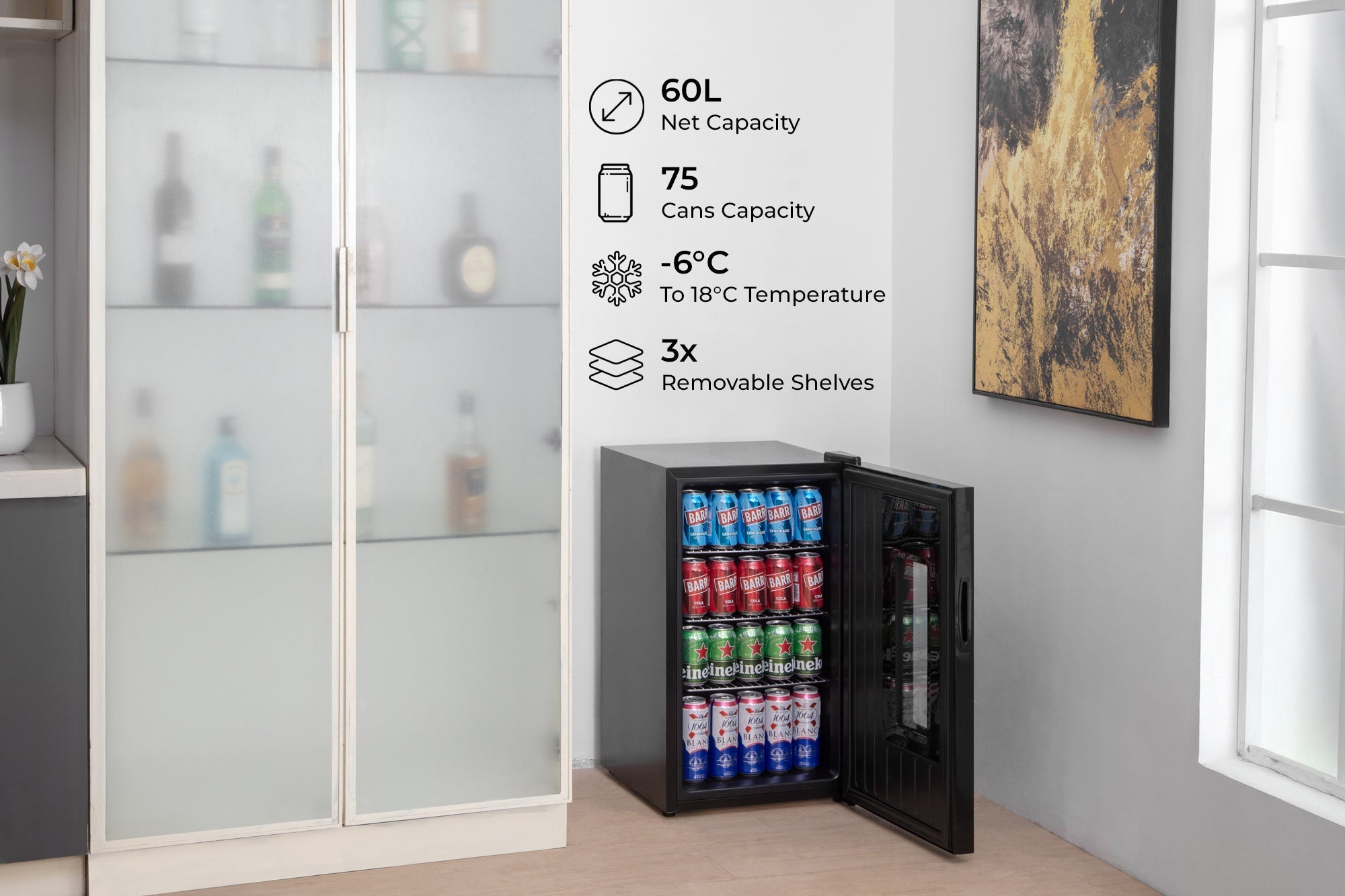 Black subcold apex70 beer fridge with glass door and interior shelves stocked with colorful canned drinks