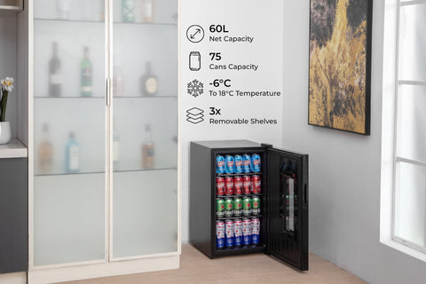 Black subcold apex70 beer fridge with glass door and interior shelves stocked with colorful canned drinks