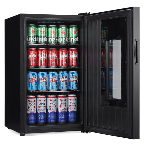 Subcold apex70 black glass-door beer fridge stocked with colorful beer cans for efficient cold storage