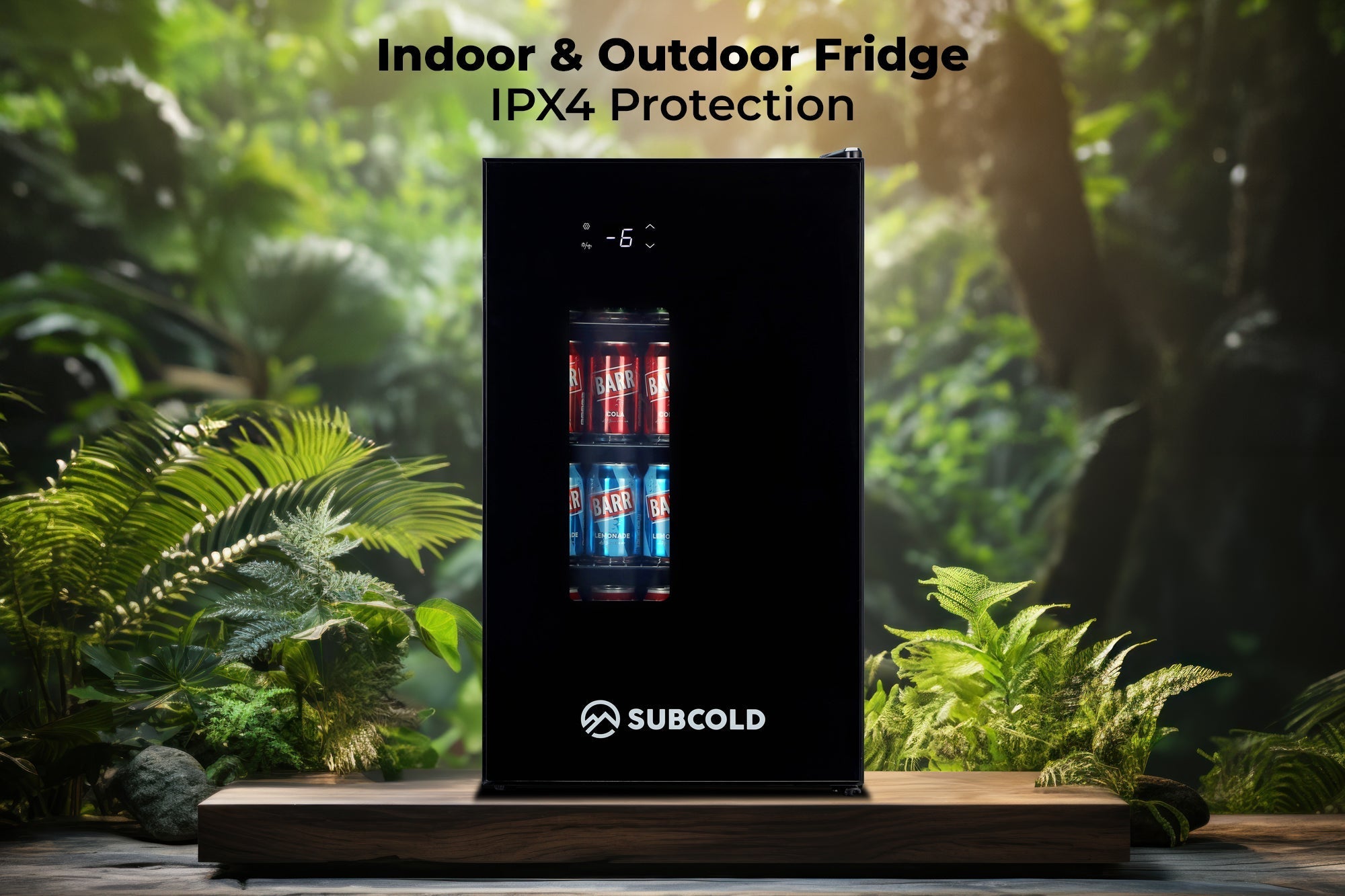 Black subcold apex70 beer fridge with ipx4 glass door showing red and blue cans for indoor and outdoor use