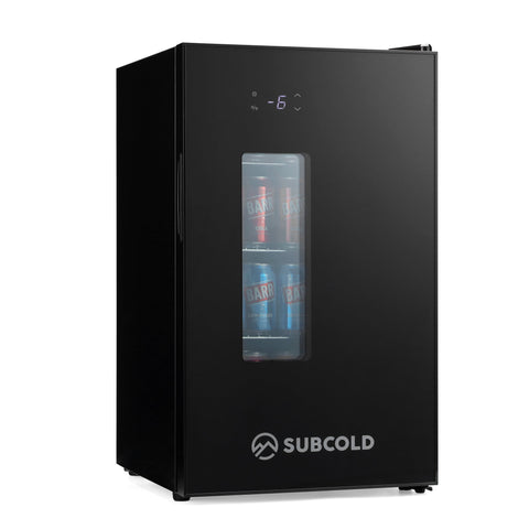 Black subcold apex70 beer fridge with digital display at minus 6 c and transparent door showing canned drinks inside