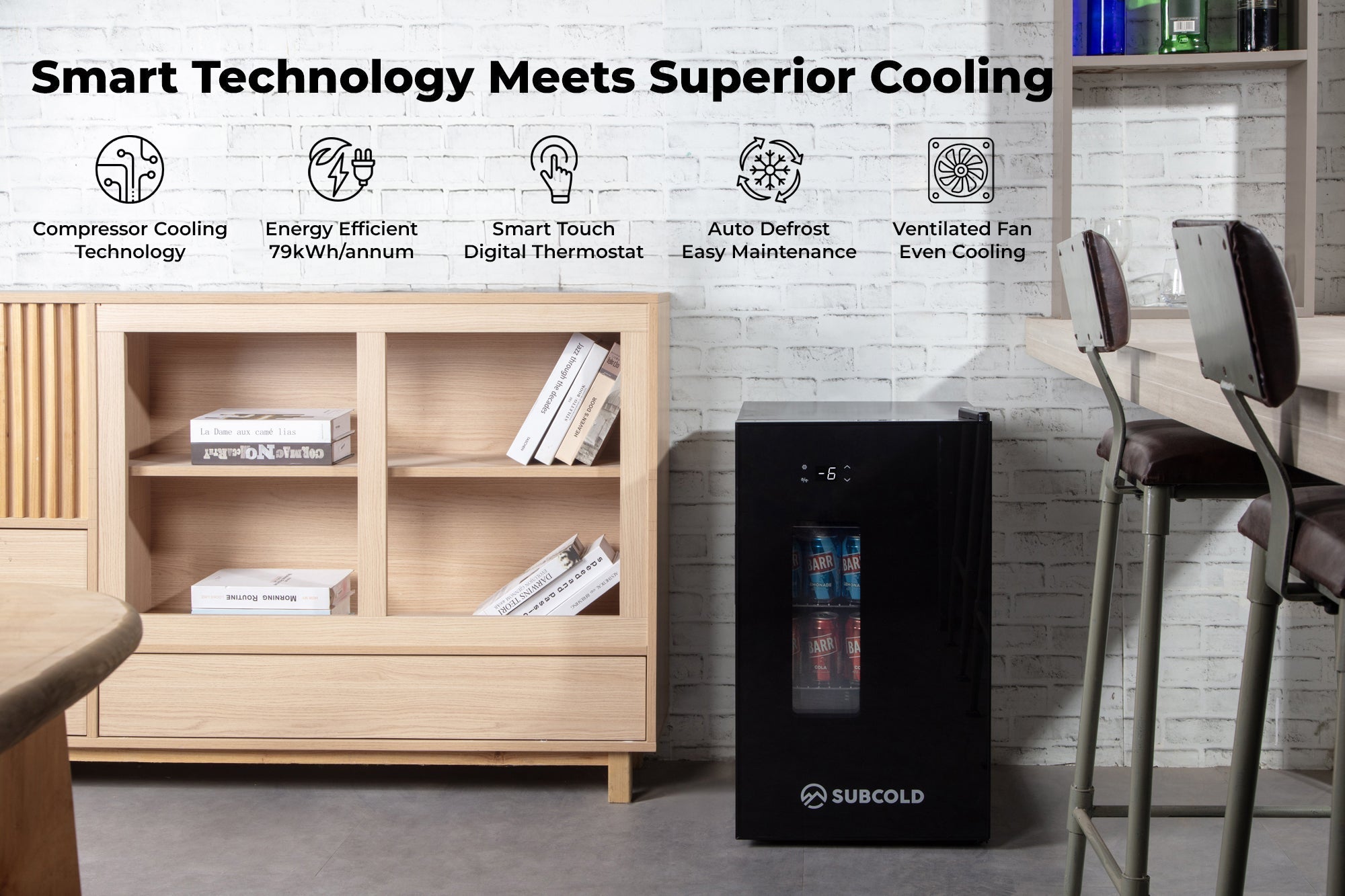 Black subcold apex70 beer fridge with glass door and digital display perfect for cooling drinks