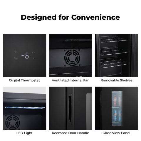 Black subcold apex70 beer fridge with digital thermostat ventilated fan removable shelves led light and glass panel