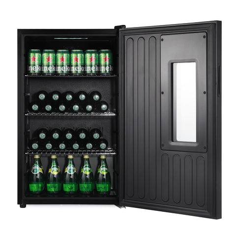 Black subcold apex95 beer fridge with vertical ribbed door and glass window stocked with green heineken cans and bottles