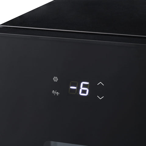 Black digital display panel on subcold apex95 beer fridge showing temperature minus 6 with adjustment icons