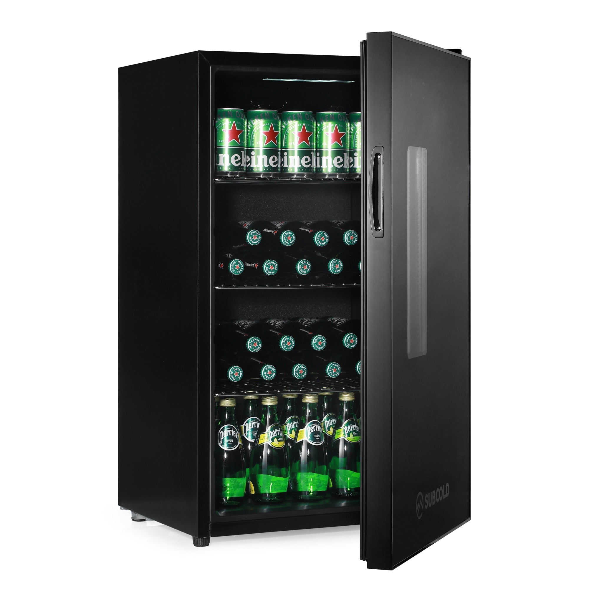 Subcold apex95 black glass door beer fridge with sleek modern design and silver handle branded sungold on door corner