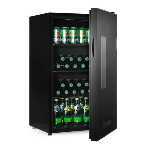 Subcold apex95 black glass door beer fridge with sleek modern design and silver handle branded sungold on door corner