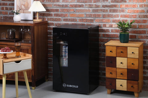 Black glass-door subcold apex95 mini beer fridge perfect for keeping drinks cold and fresh