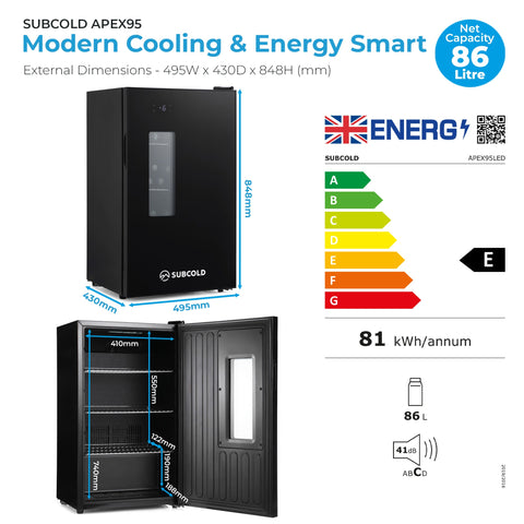 Black subcold apex95 beer fridge with glass door and internal shelves perfect for storing drinks