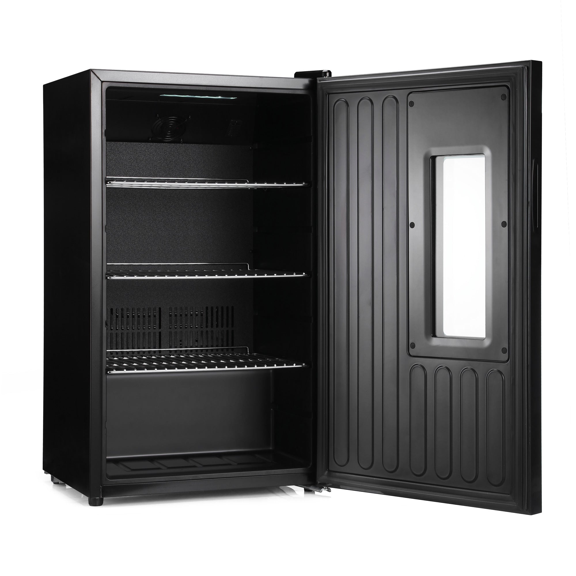 Black subcold apex95 beer fridge with glass door and three metal shelves for cold beverage storage