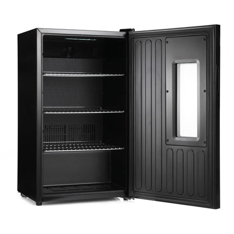 Black subcold apex95 beer fridge with glass door and three metal shelves for cold beverage storage