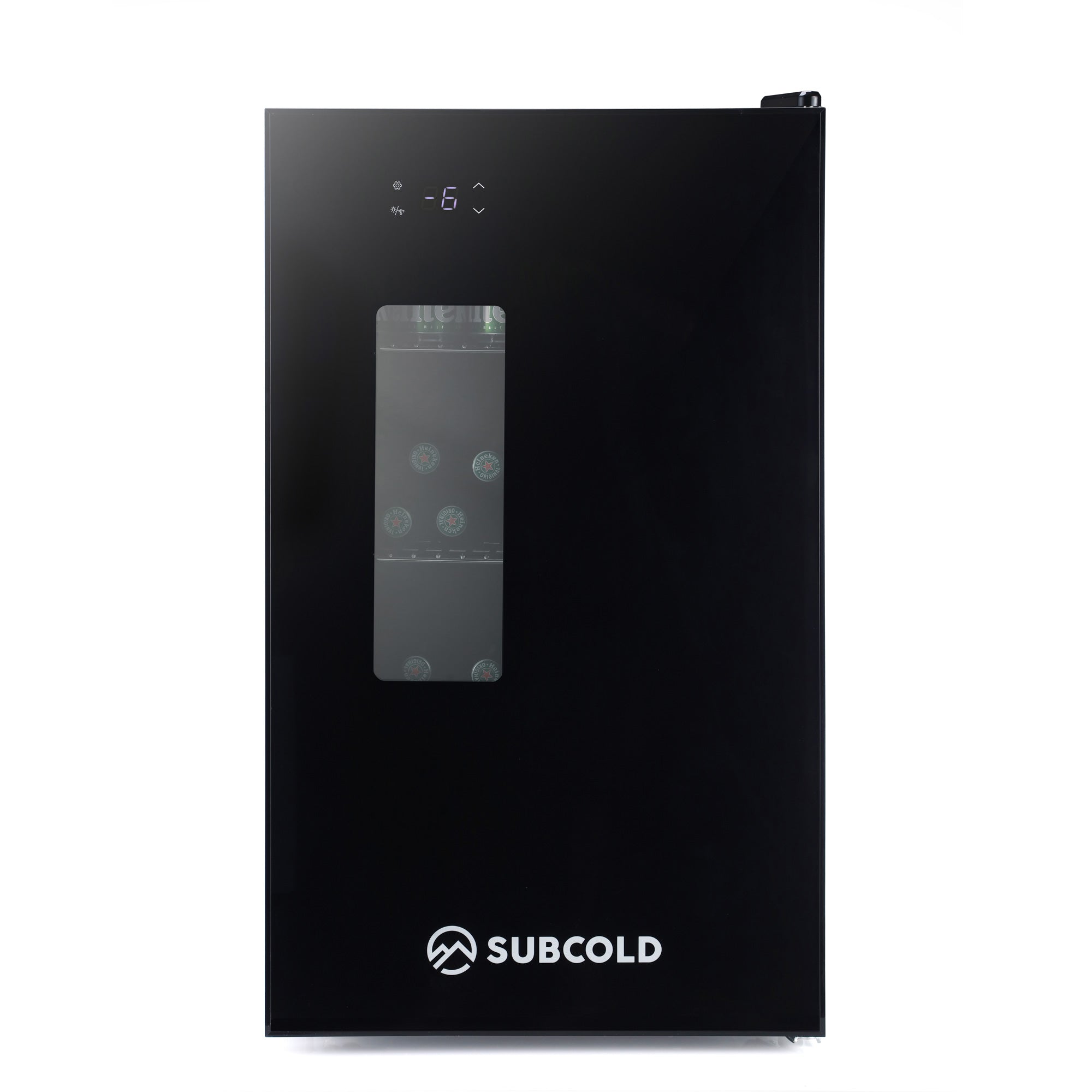 Black subcold apex95 beer fridge with digital display at minus 6°c and transparent door showing chilled bottles inside