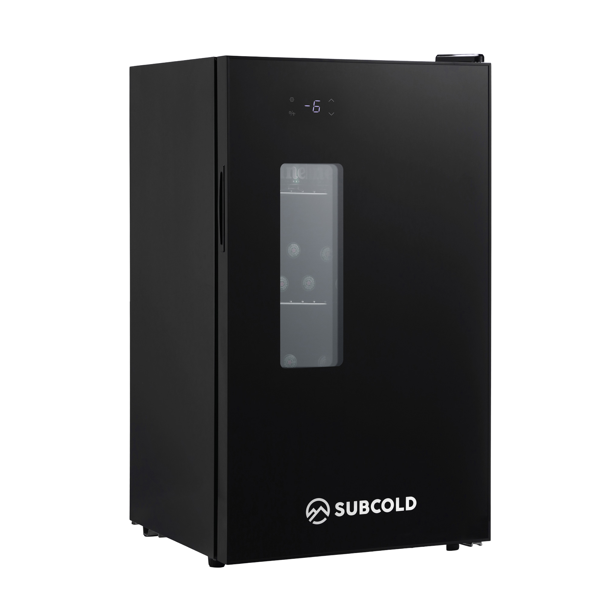 Black subcold apex95 beer fridge with digital display at minus 5 c and glass door showing chilled bottles inside