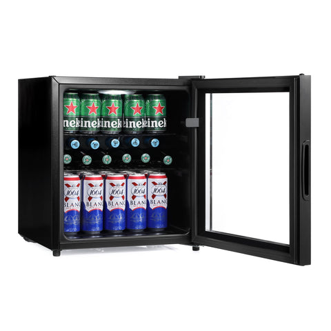 Black subcold cave50 glass door beer fridge filled with heineken and 1664 cans perfect for soft drinks storage