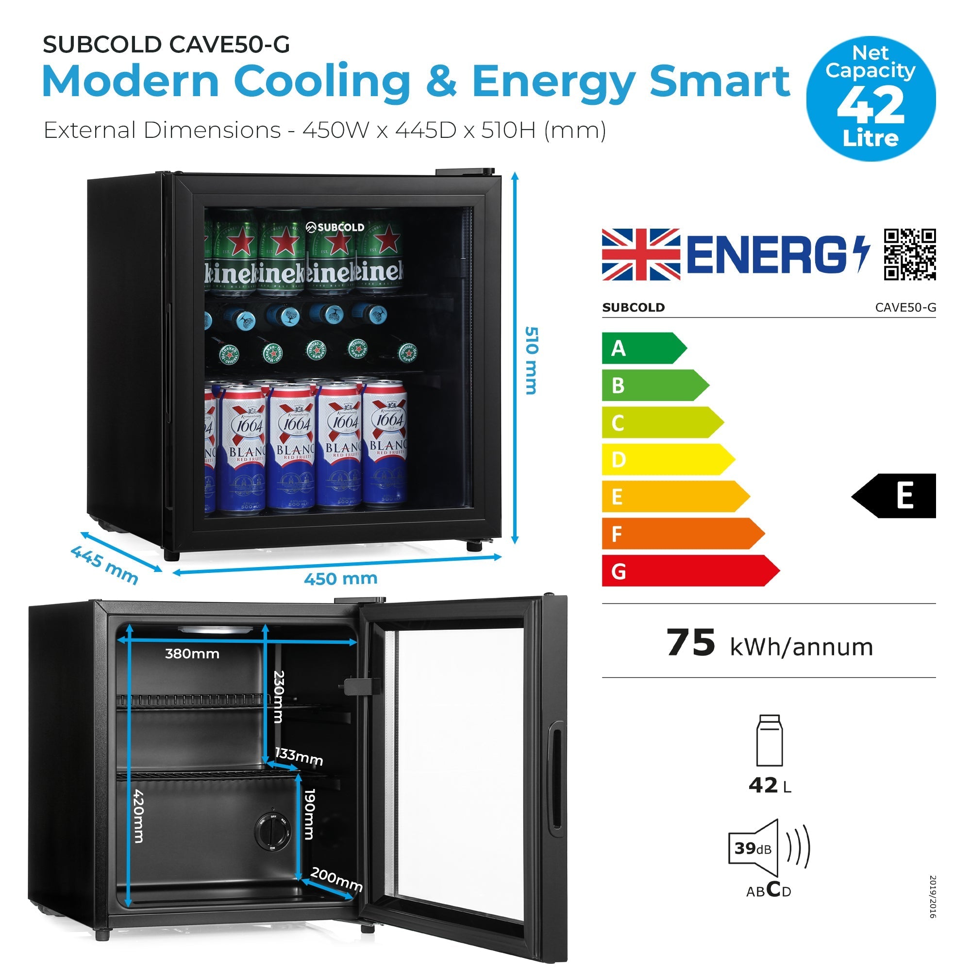 Black subcold cave50 glass door mini fridge with shelves holding beer cans perfect for soft drinks storage