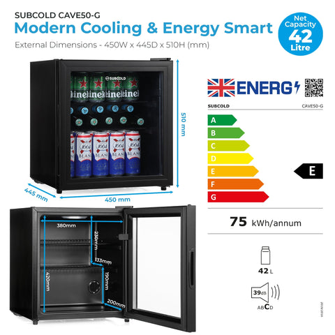Black subcold cave50 glass door mini fridge with shelves holding beer cans perfect for soft drinks storage