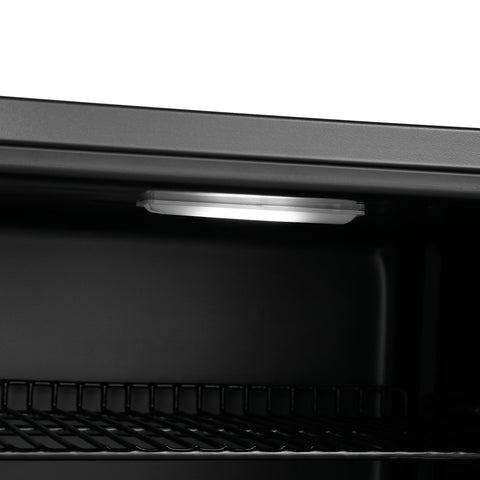 Black interior of subcold cave50 glass door beer fridge with sleek design and built-in led light for soft drinks storage