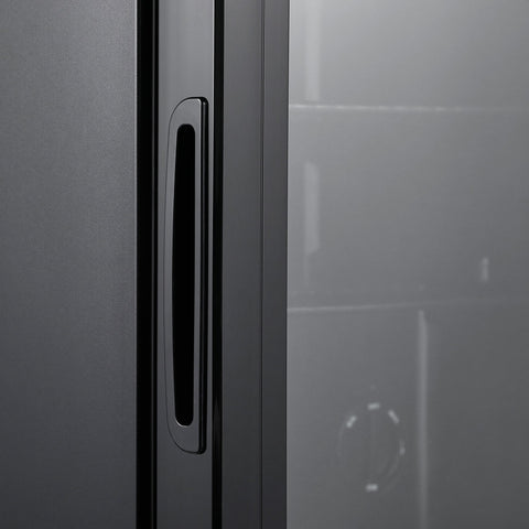 Black matte-finish door handle on subcold cave50 glass door beer fridge for soft drinks storage