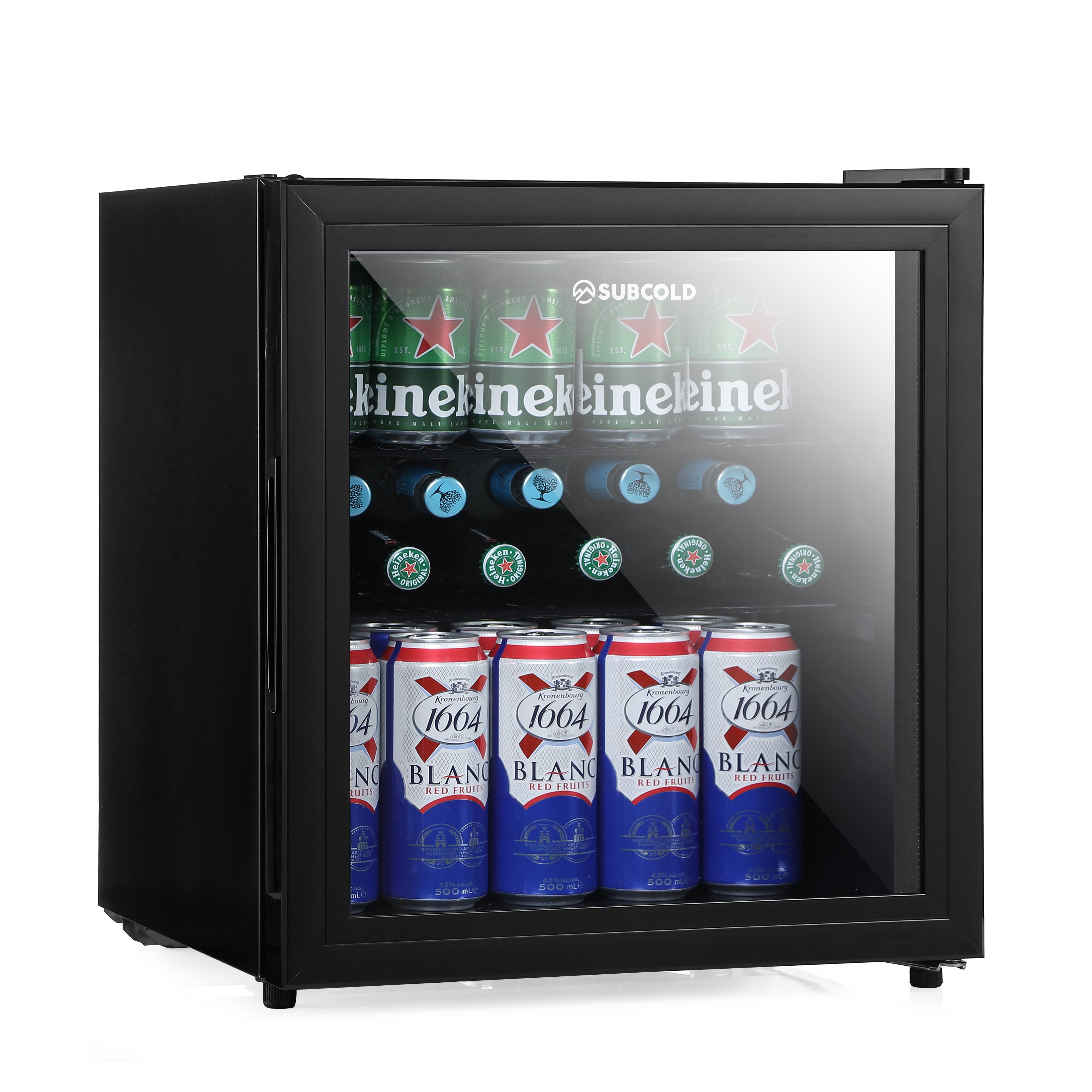 Black subcold cave50 mini fridge with glass door showing heineken and 1004 beer cans for soft drinks storage