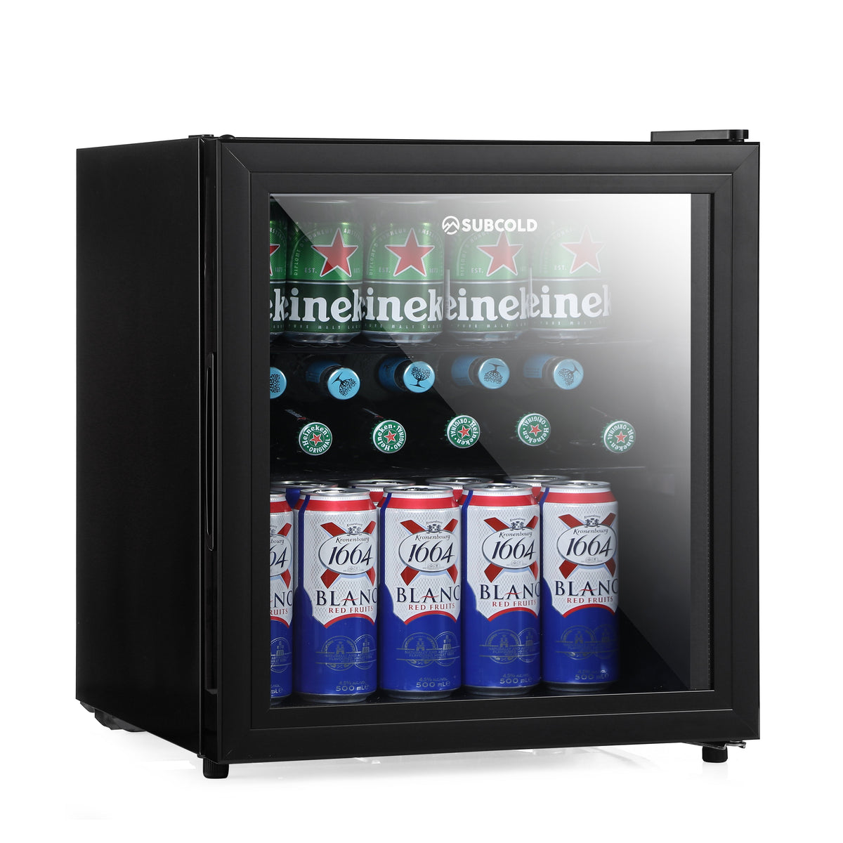 Black subcold cave50 mini fridge with glass door showing heineken and 1004 beer cans for soft drinks storage