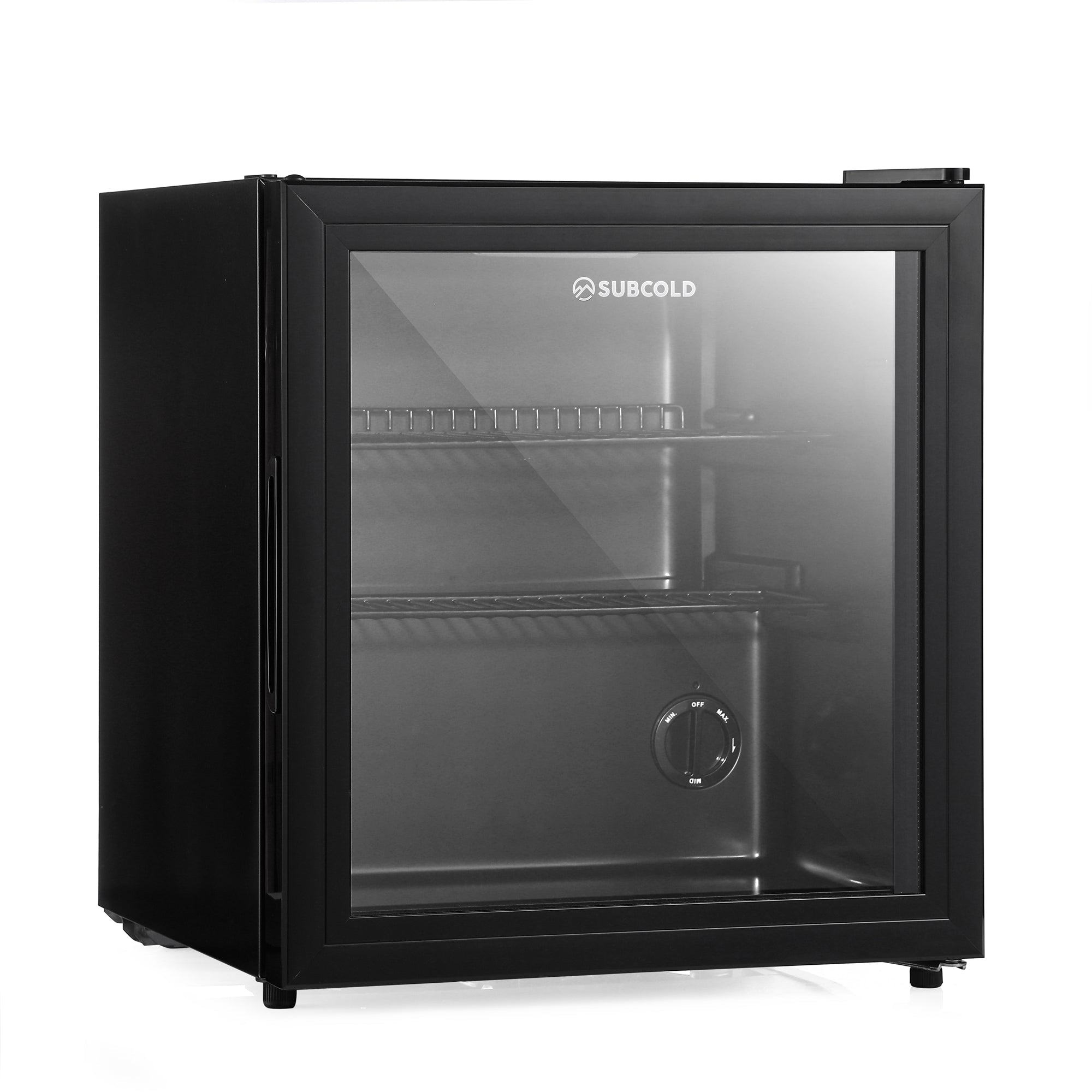 Black subcold cave50 mini fridge with glass door and two wire shelves perfect for soft drinks storage